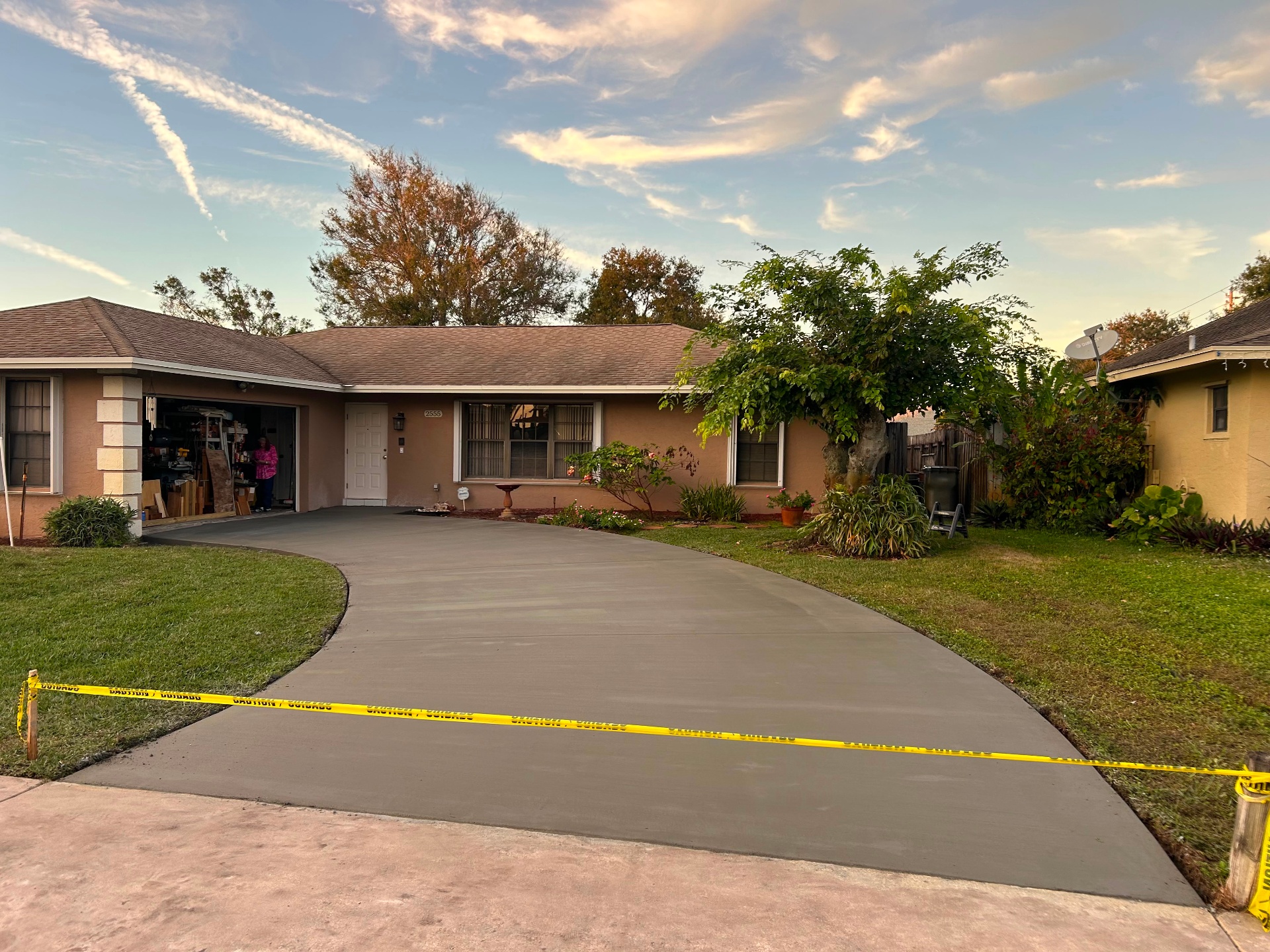 Finished curved concrete driveway front view