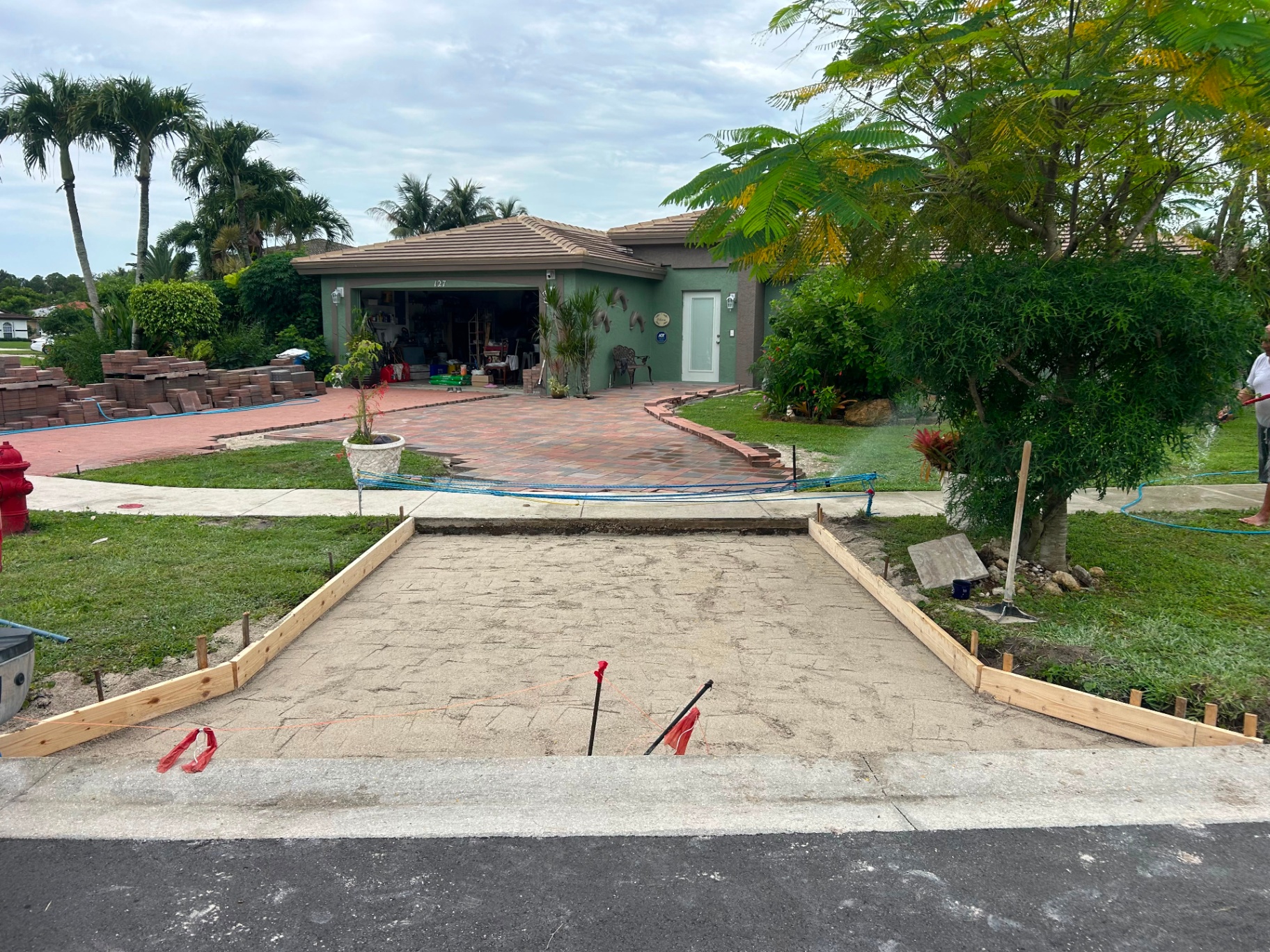Stamped concrete driveway formed and ready for finish