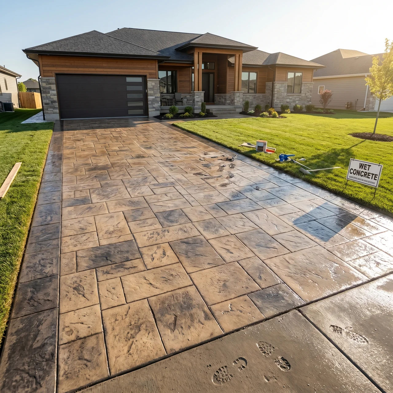 Stamped concrete driveway with palm trees in South Florida