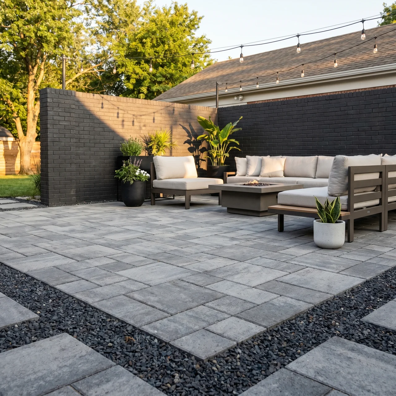 Stone fire pit with seating wall at sunset